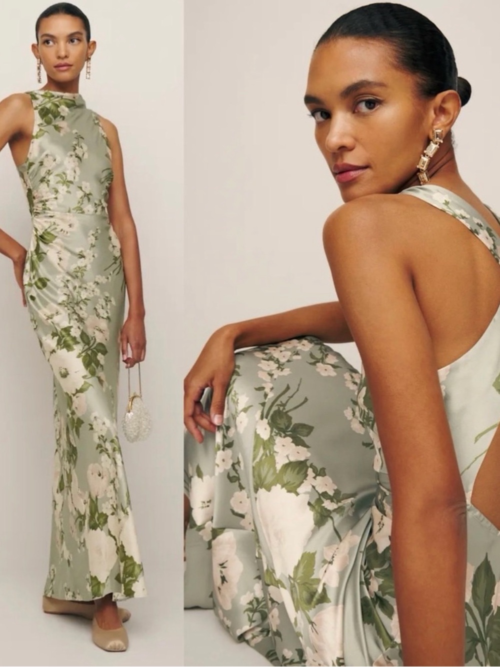 Reformation Anaiis Silk Dress Tarragon Floral Green Open Back Size 4 NWT
